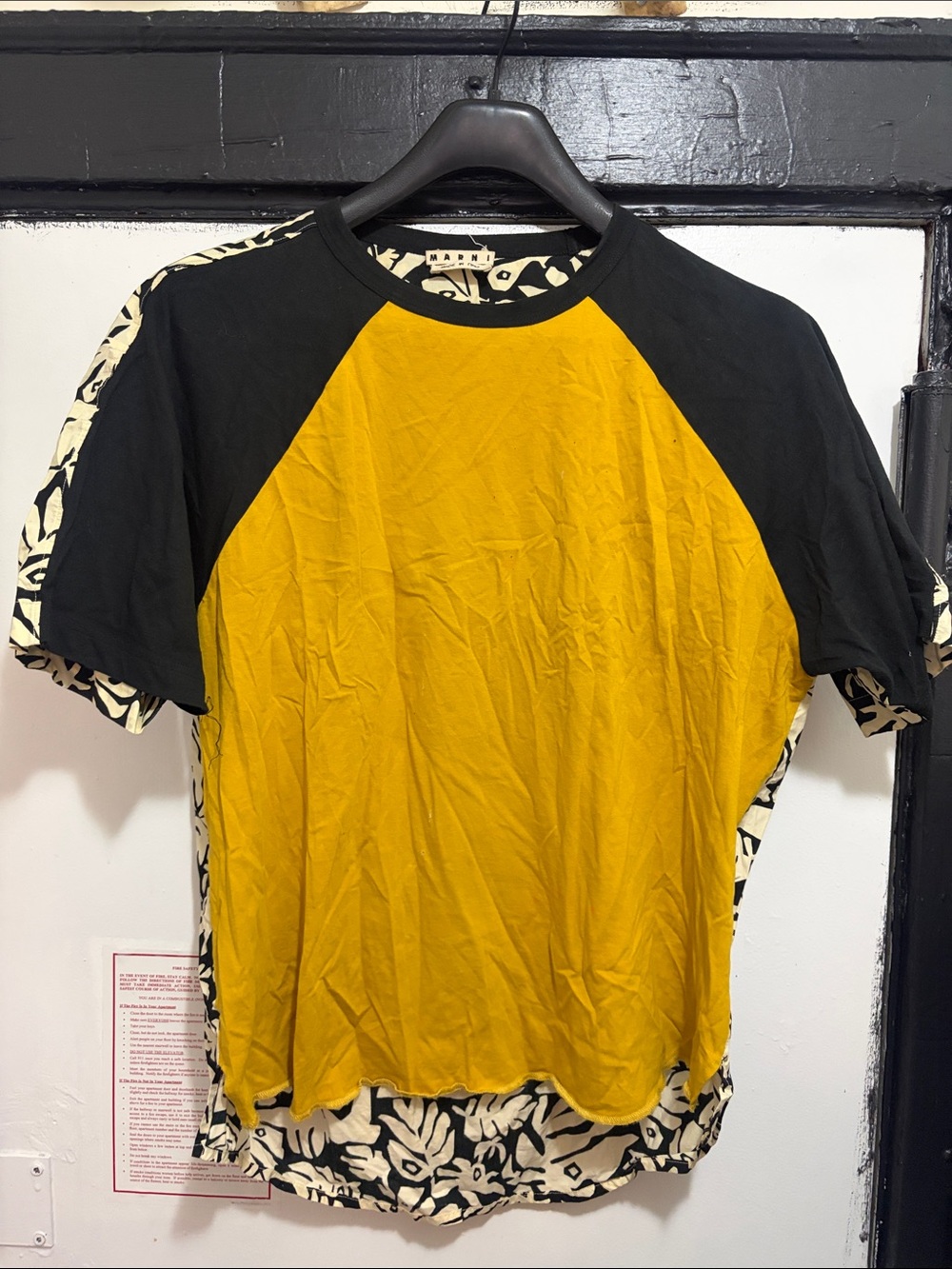 Marni Yellow Front Black Raglan Short Sleeve Tee with Patterned Trim